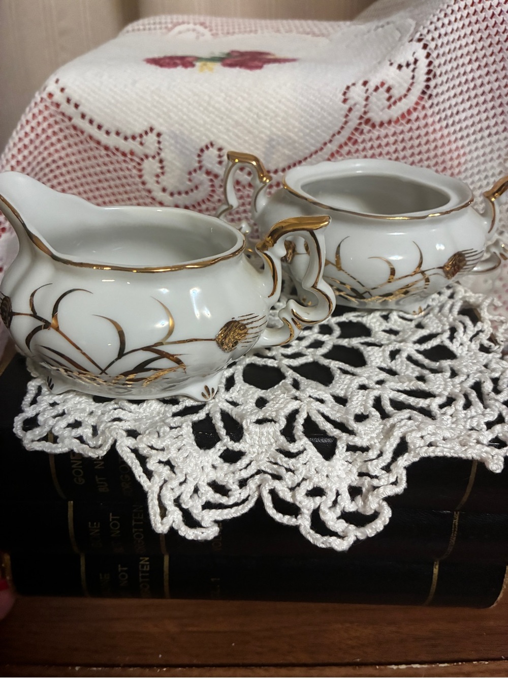 Lefton White Porcelain Creamer and Sugar Bowl with Gold Accent